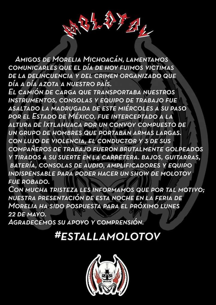 El comunicado que compartió la banda en las redes sociales. (Facebook)