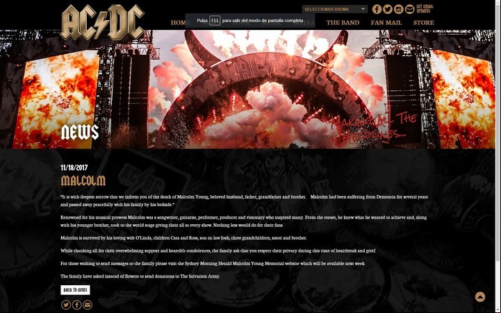 El comunicado por la muerte de Malcolm Young, en el sitio oficial de AC/DC.