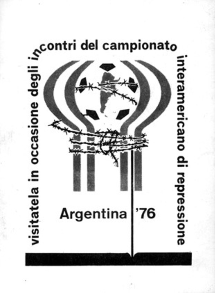 Un versión del logo oficial de la Copa del '78, con el agregado de un alambre de púas que lo envuelve, en alusión a los campos de concentración desplegados por el Proceso.