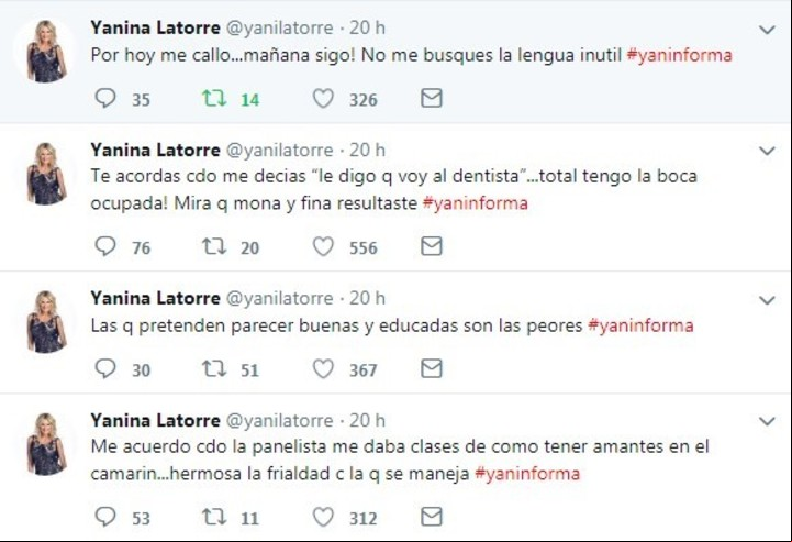 Los mensajes de Yanina Latorre en Twitter.