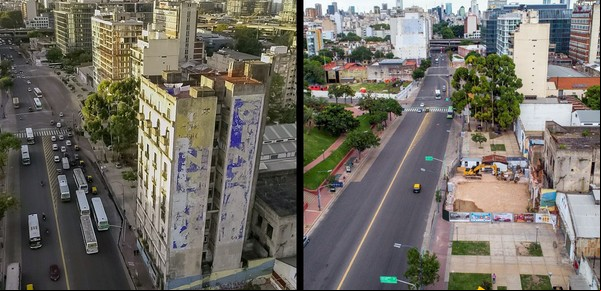 Paseo Colón, antes y después de la demolición del edificio Marconetti