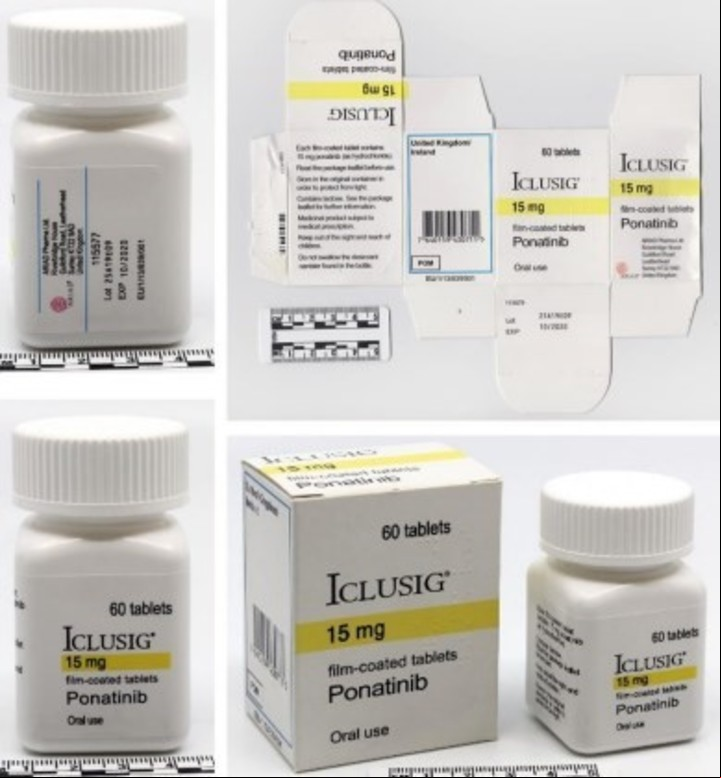 Falsificado. ICLUSIG 15 mg (60 comprimidos). Número de lote: 25A19E09.