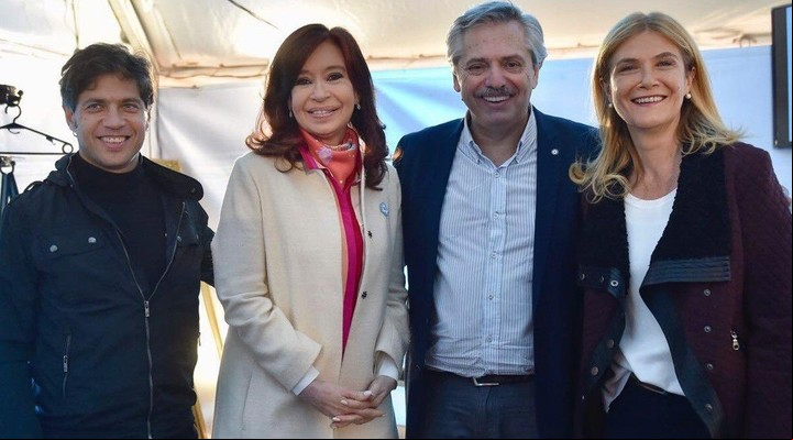 Axel Kicillof, Cristina Kirchner, Alberto Fernández y Verónica Magario en Merlo cuando lanzaron la fórmula pesidencial y de la Provincia en mayo de 2019.