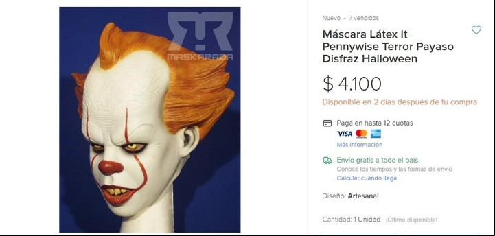 Las máscaras de Pennywise de It, a la venta en Mercado Libre.
