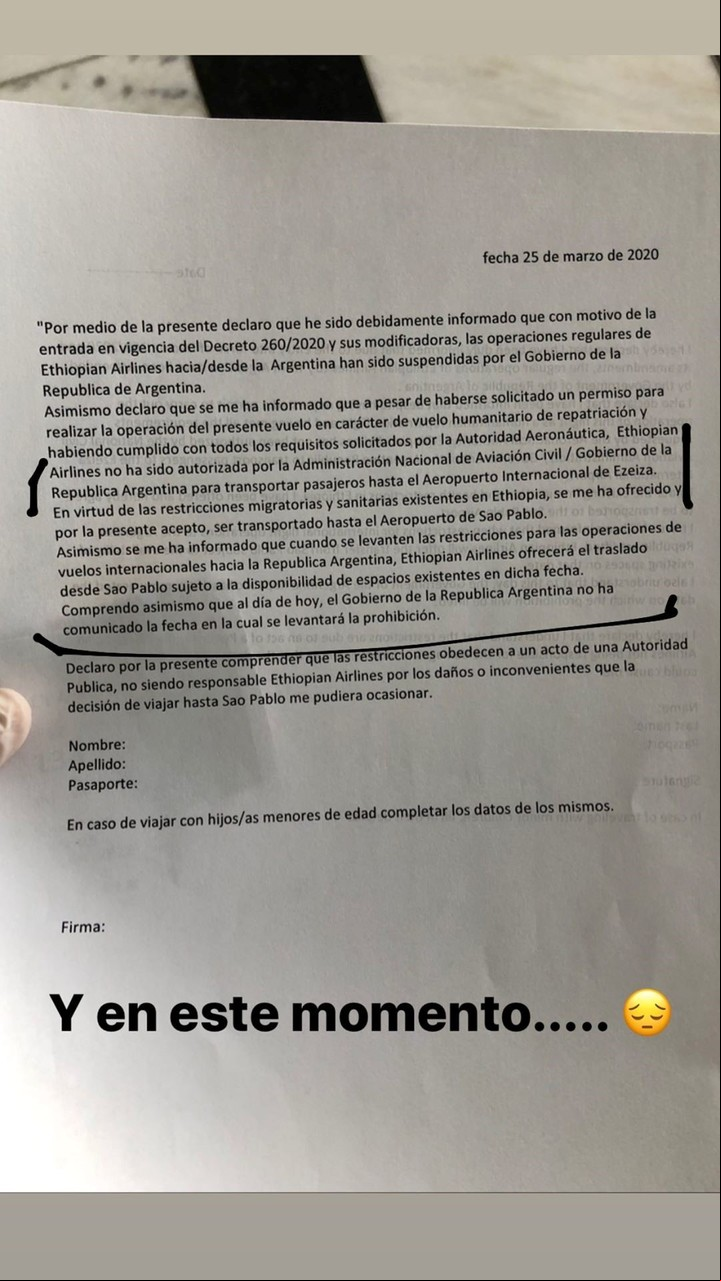 La declaración jurada que tuvo que firmar Belén Casetta porque su vuelo de regreso se reprogramó para San Pablo.