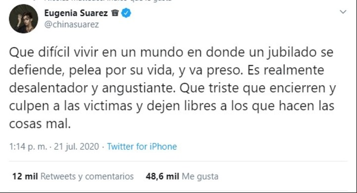 El mensaje en Twitter de La China Suárez sobre el caso de Jorge Ríos.