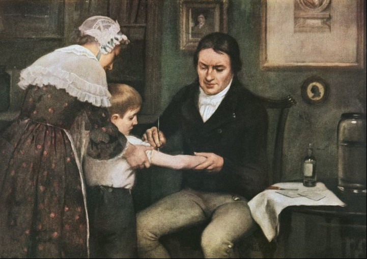 El doctor Edward Jenner (1749-1823) realizando la primera vacunación contra la viruela a James Phipps, un niño de ocho años, el 14 de mayo de 1796, retratado al óleo Ernest Board. Foto AFP