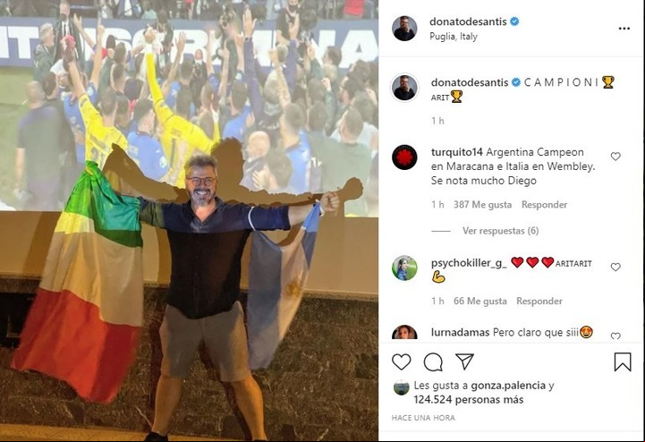 Donato de Santis, feliz por los triunfos de Argentina e Italia. Instagram.