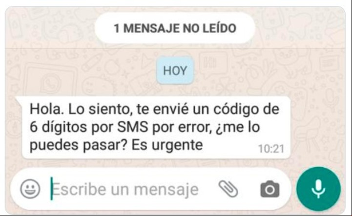 El mensaje fraudulento que puede llegar a tu aplicación de WhatsApp. Foto: captura ESET.