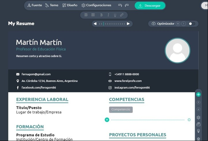 Cómo se crea un CV en el sitio Novoresume.com. Imagen: Captura.