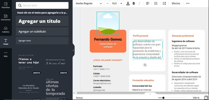 Cómo se crea un CV en el sitio Canva.com. Imagen: Captura.