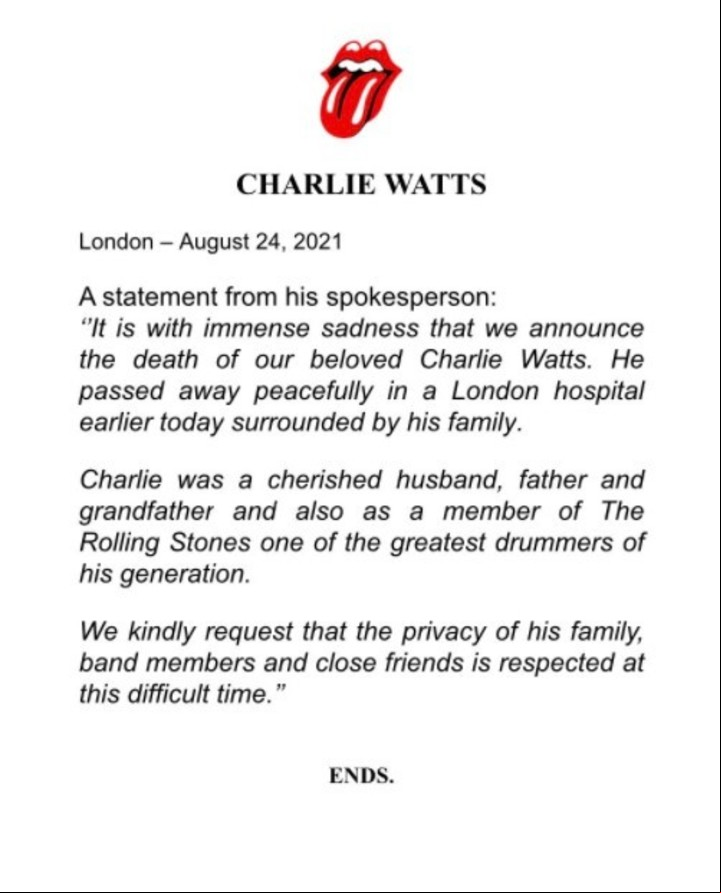 El comunicado de la noticia de Charlie Watts.