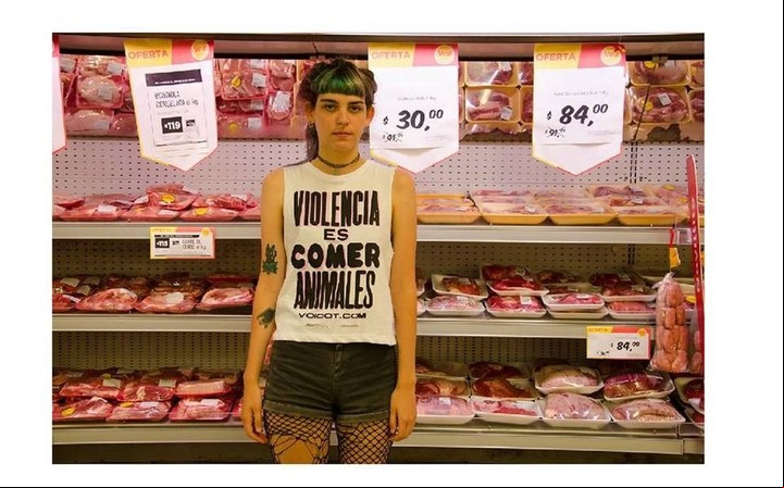 "Violencia es comer animales", una performance de Voicot en un supermercado. Foto Instagram Voicot.