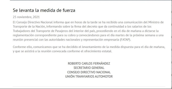 El comunicado de la UTA en la que levantan el paro de transportes para el interior del país.