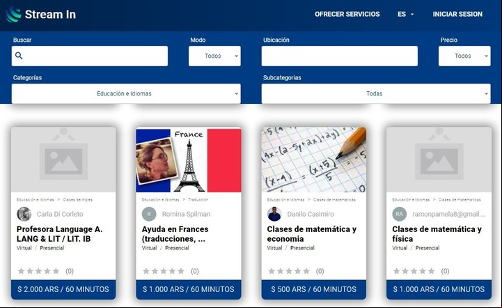 Stream In, una plataforma que facilita la contratación de clases. Imagen: Captura.