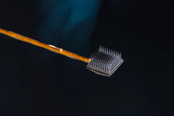 Se insertaron dos conjuntos de microelectrodos, cada uno de ellos de 3,2 mm cuadrados, en la superficie de la corteza motora del paciente, la parte del cerebro responsable del movimiento. Foto Centro Wyss