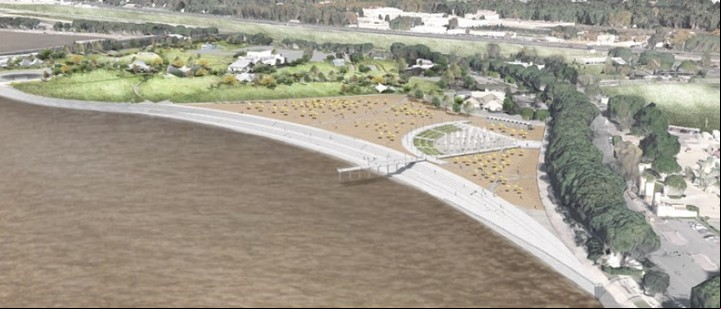 Así será la playa que crearán en la Costanera Norte, según una imagen simulada.