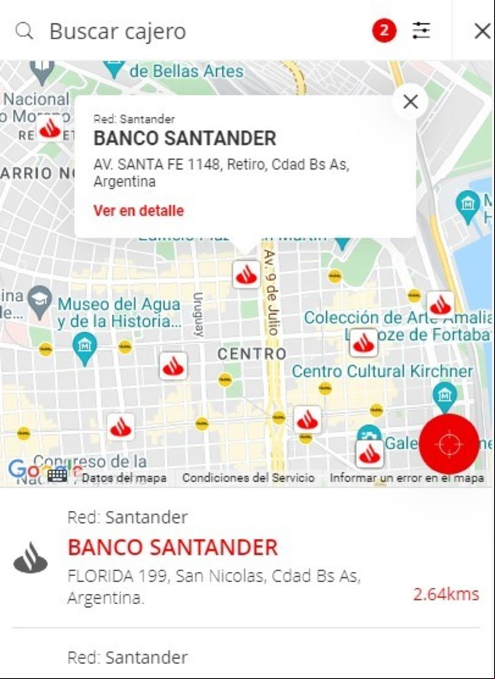 Los cajeros del Santander que entregan dólares. Imagen: Captura.