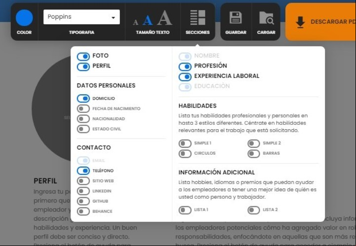 El sitio permite sumar o eliminar distintos campos de la plantilla según la necesidad.