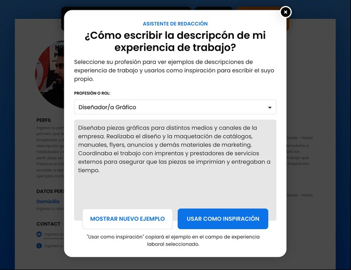 Si la redacción propuesta no sirve, se toca el botón "mostrar nuevo ejemplo" para ver alternativas.