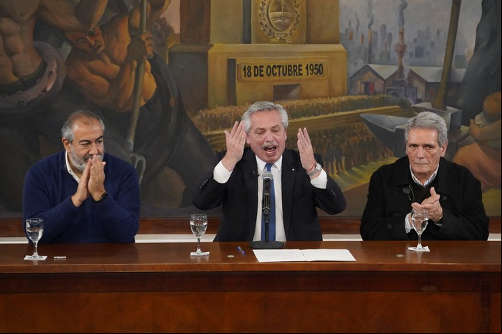 El presidente Alberto Fernández durante un acto en homenaje a Perón desde la CGT. Foto: Emmanuel Fernández.