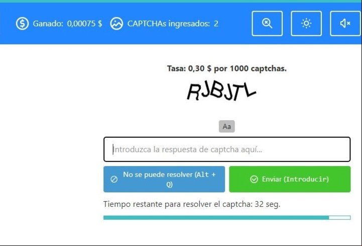 Cada captcha resuelto suma una fracción de dólar en el saldo del . Imagen: Captura.