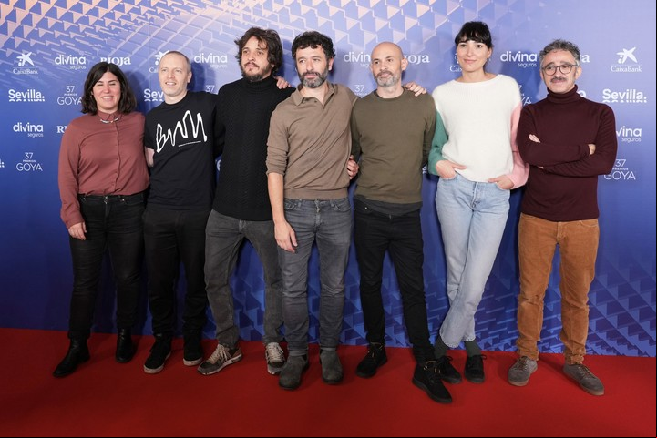 El equipo de la película de "As bestas", en Madrid, al anunciarse las candidaturas. Foto EFE