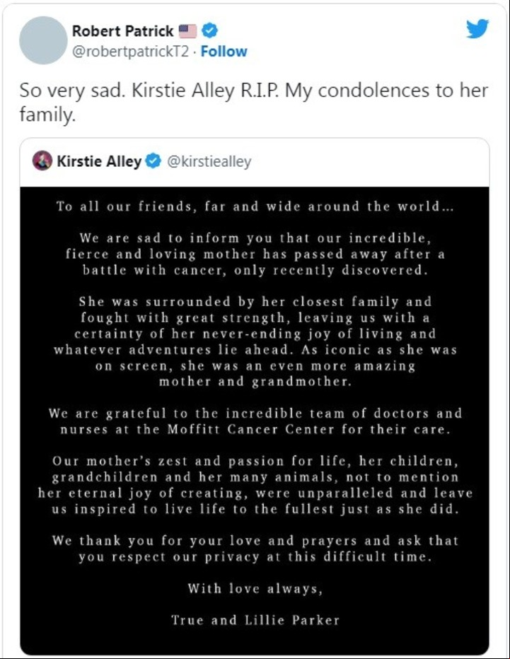 El pésame de Robert Patrick tras la muerte de Kirstie Alley.