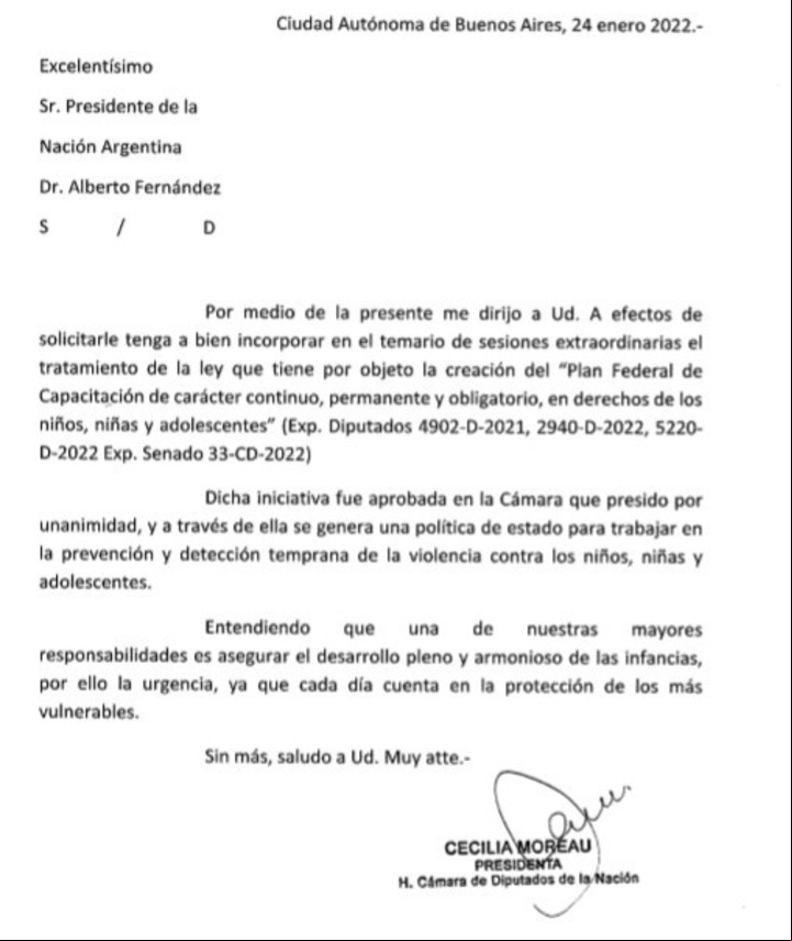 Cecilia Moreau le pidió a Alberto Fernández ampliar el temario de las sesiones extraordinarias para incluir la "ley Lucio".