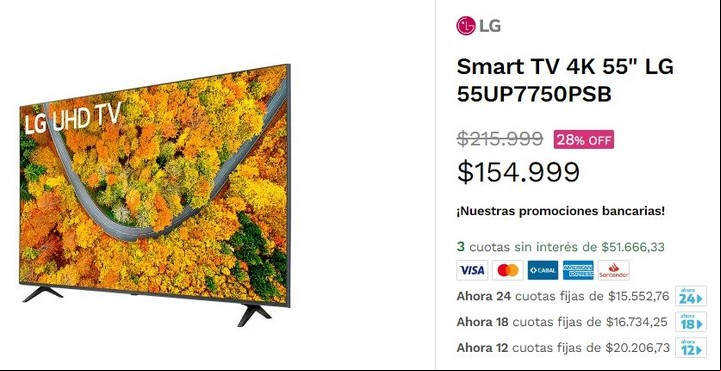 Modelos de $ 216 mil se están ofreciendo por $ 155 mil y hasta en 24 pagos con tarjeta. Imagen: Captura.