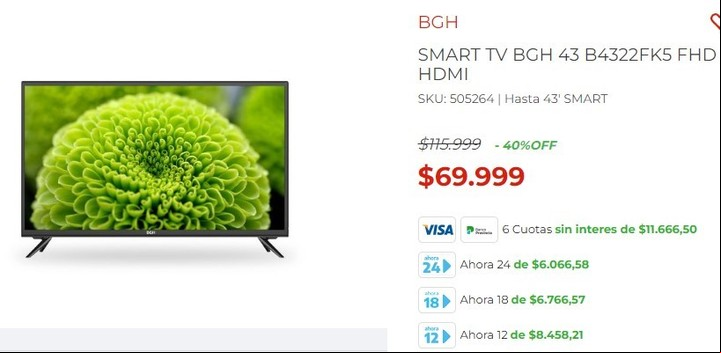 Televisores de $ 116 mil aparecen rebajados a $ 70 mil. Imagen: Captura.