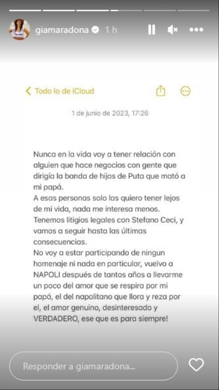 El comunicado de Gianinna Maradona tras los rumores sobre su viaje a Italia.