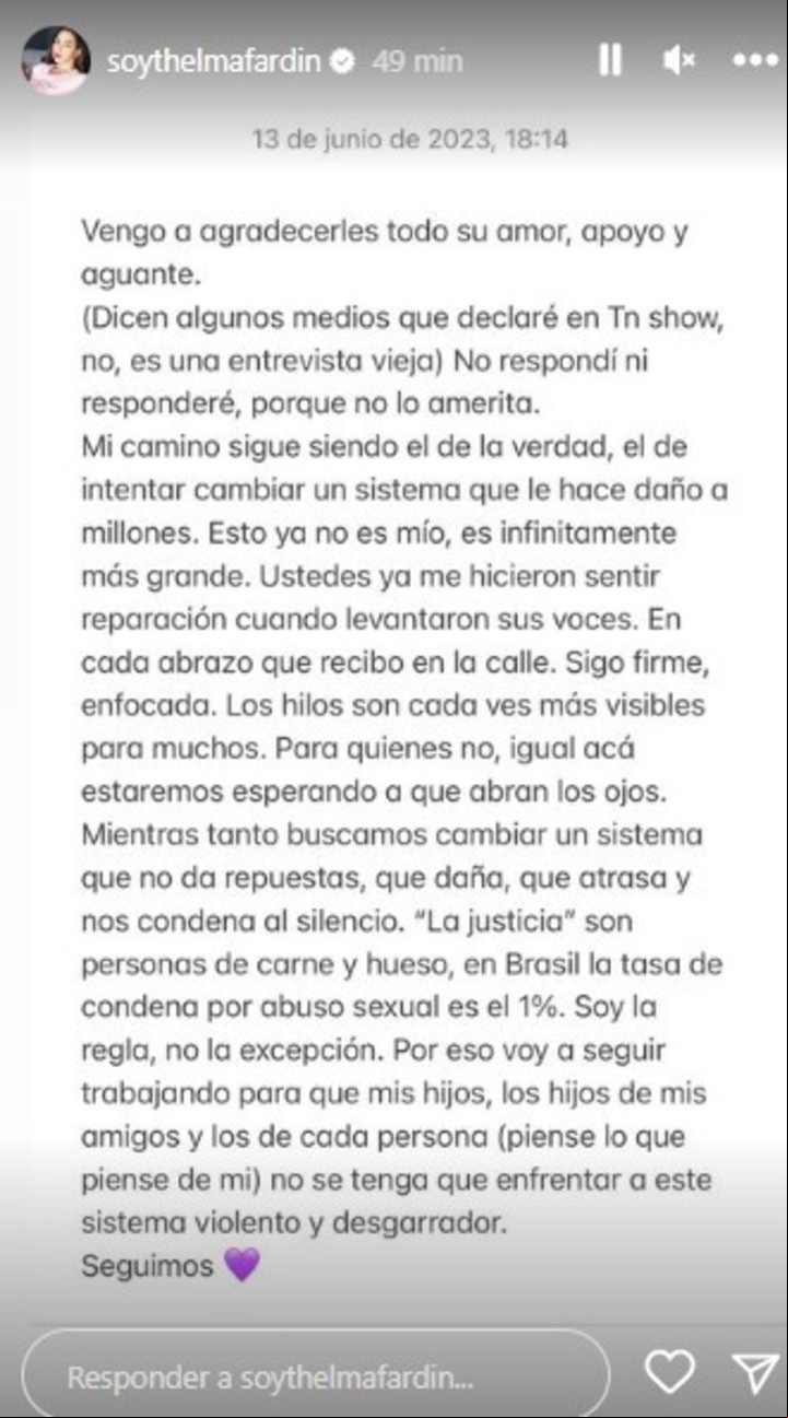 El texto de Thelma Fardin en sus historias. Captura Instagram.