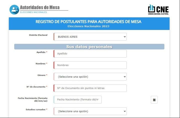 El formulario online que se debe llenar para ser autoridad de mesa en la Provincia de Buenos Aires. Imagen: Captura.