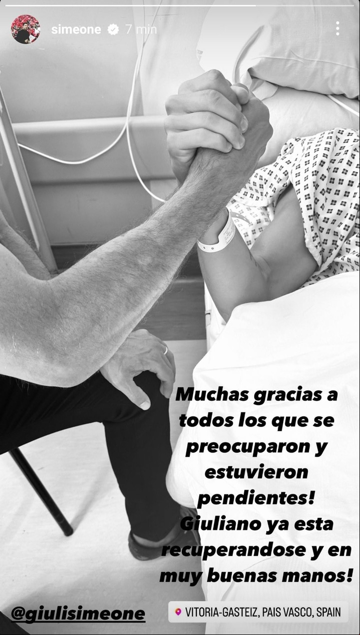 El posteo de Diego Simeone acompañando a su hijo Giuliano después de la fractura de peroné que sufrió jugando para el Alavés.