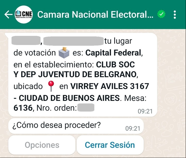 Consultar por WhatsApp dónde votar en las PASO. Imagen: Captura.
