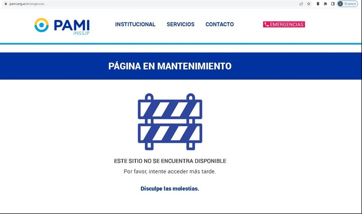 Por el hackeo al PAMI, al cliquear "Emergencias" en la home page, aparece esta leyenda.