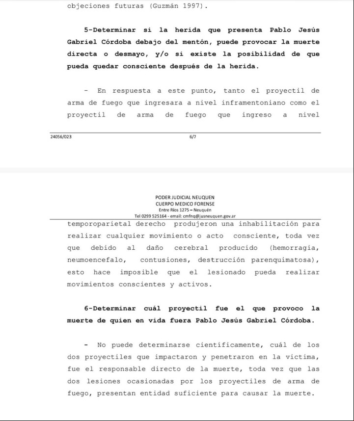 Extracto de la ampliación de la autopsia realizada al soldado Pablo Córdoba, en la que se descarta el suicidio.