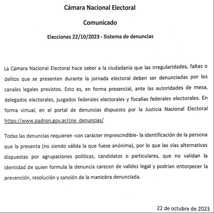 El comunicado de la Cámara Nacional Electoral acerca de la denuncia de irregularidades en la Elección 2023.