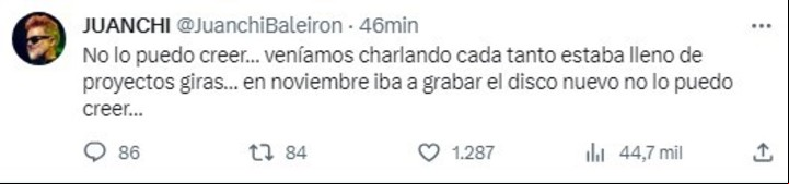 El mensaje de Juanchi Baleirón en sus redes sociales.