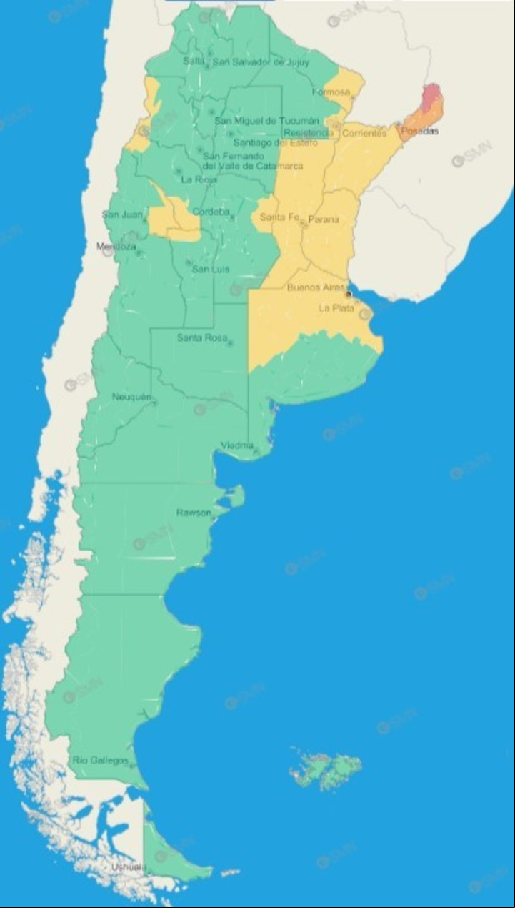 El mapa con las alertas pronosticadas para la jornada de este jueves. Foto: SMN