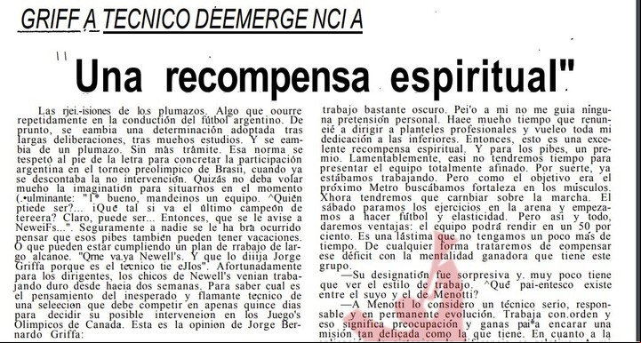 Jorge Griffa y una nota en Clarín cuando se confirmó que iría al preolímpico de 1976 con la Tercera de Newell's.