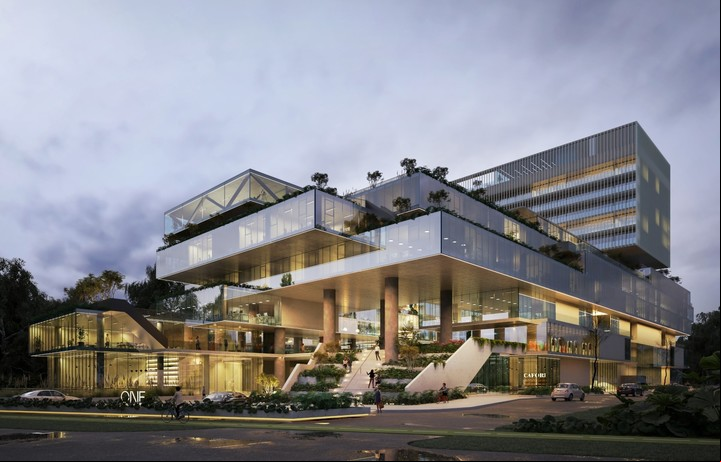 Los proyectistas idearon el edificio como una composición de volúmenes yuxtapuestos.