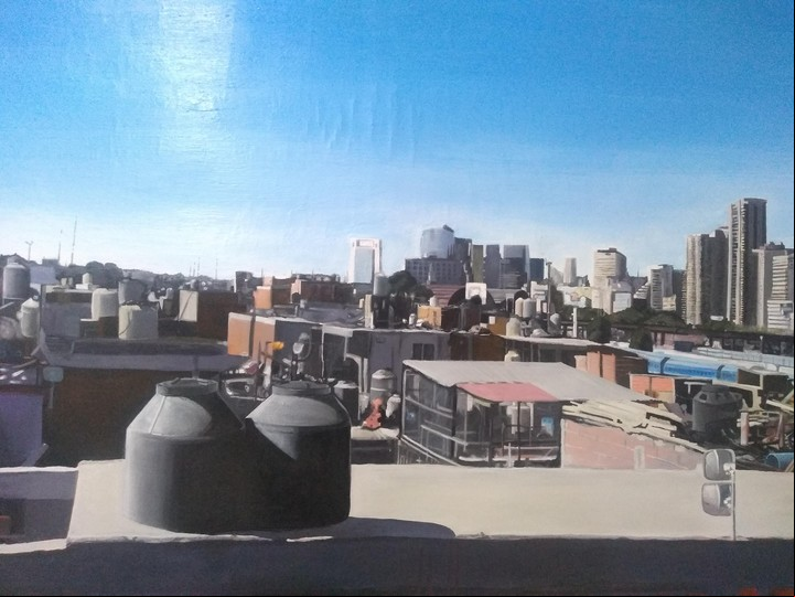 Esta imagen que parece una vista al barrio 31 desde la ventana en realidad es un mural de Brian Mayhua López.