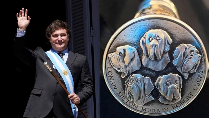 Los cincos perros del presidente en su bastón presidencial.