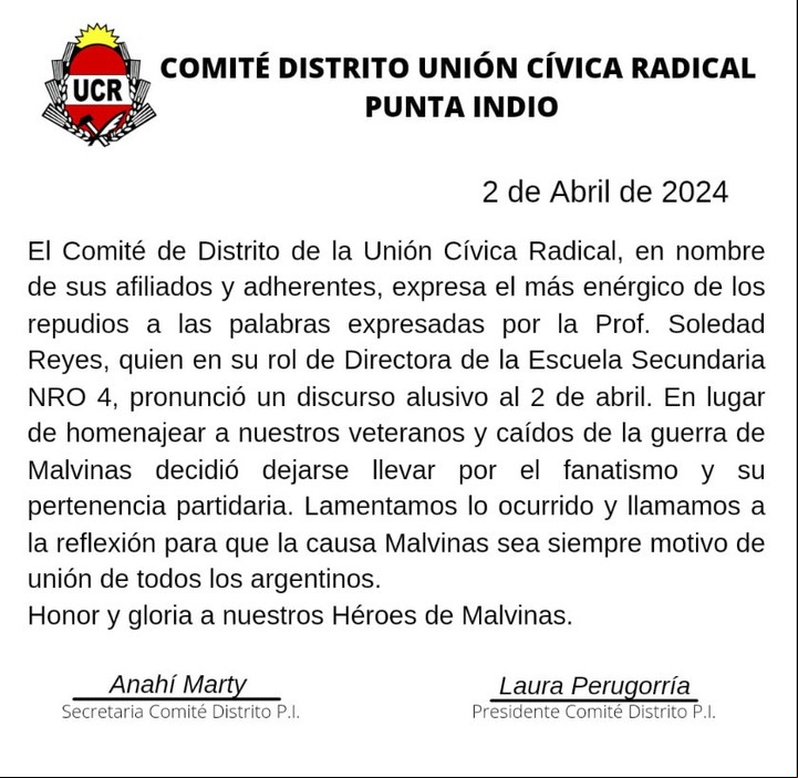 Comunicado de la UCR de Punta Indio sobre el discurso de la docente en un acto por el 2 de Abril.
