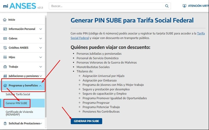 Cómo se genera el PIN SUBE en la web de ANSES. Imagen: Captura.
