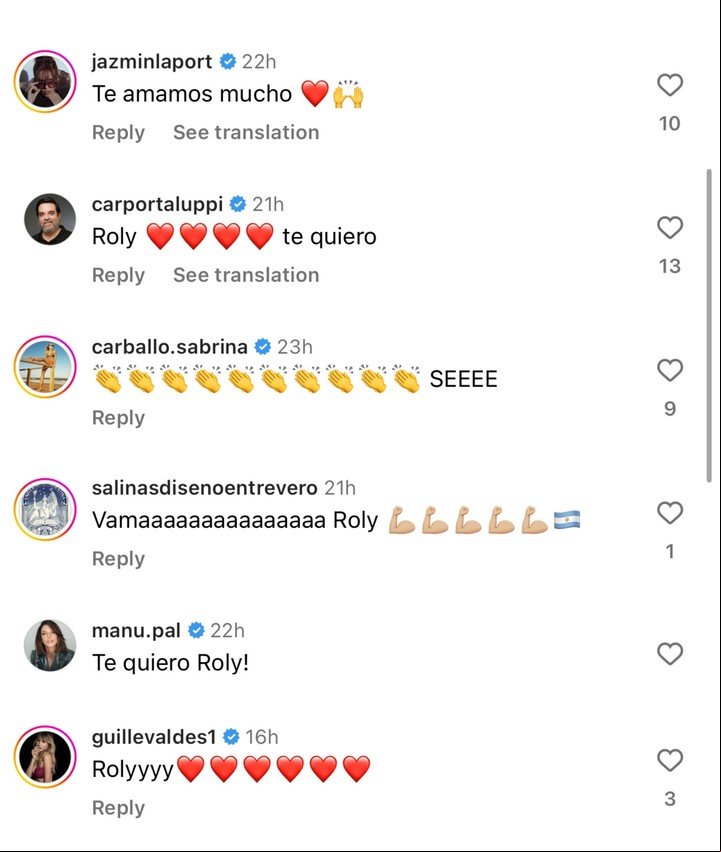 Los mensajes de apoyo a Roly Serrano. Instagram