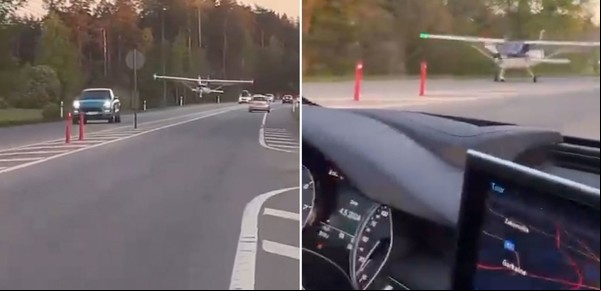 Espectacular video: una avioneta aterriza de emergencia en una autopista colmada de autos
