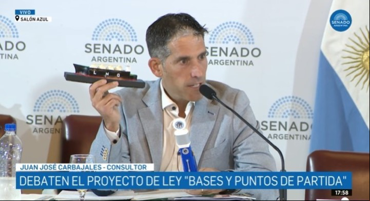 El consultor que llevó juguetes para su exposición en el Senado.